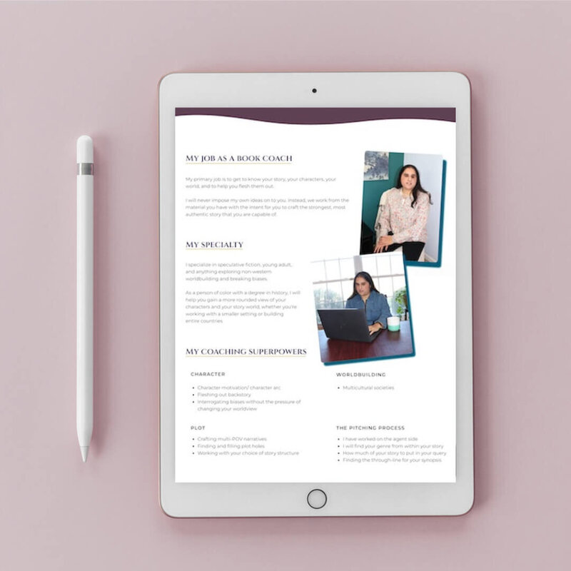 Writing Power-Up about page screenshot mockup on ipad with purple background and white tablet pencil