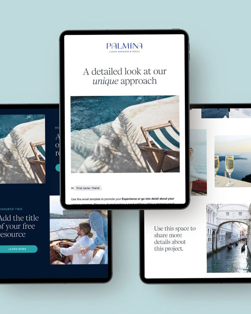 palmina flodesk email templates for travel agents and luxury wedding planners