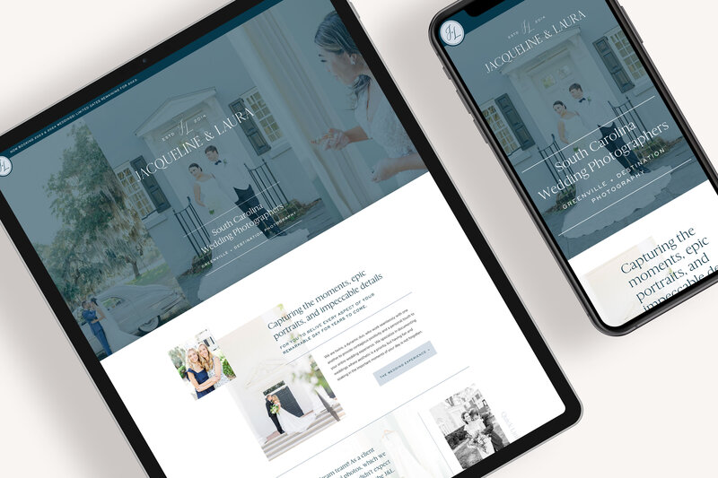 a mockup showing a blue and white wedding photographer website