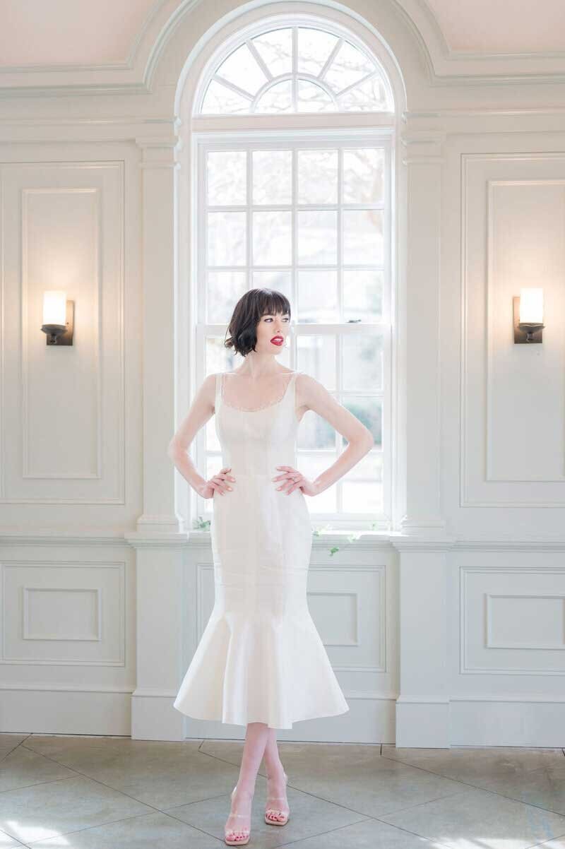 fit and flare mikado midi wedding dress