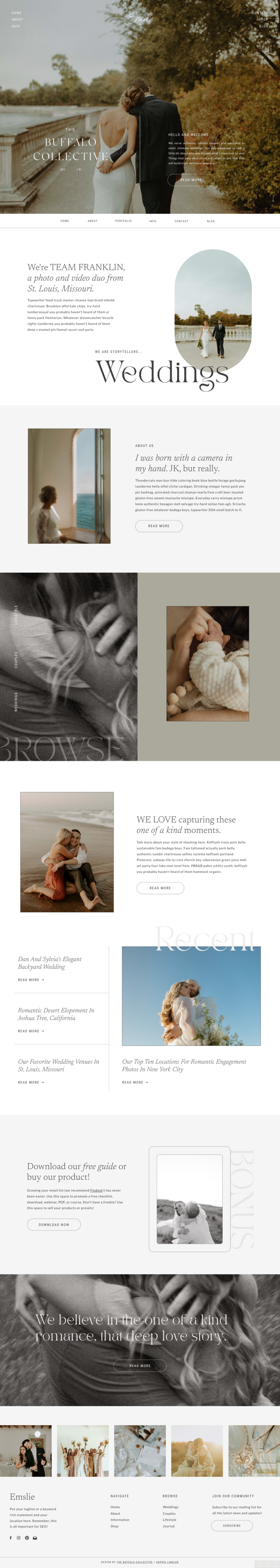 Emslie Showit template adapted for a romantic brand with soft tones and luxury appeal