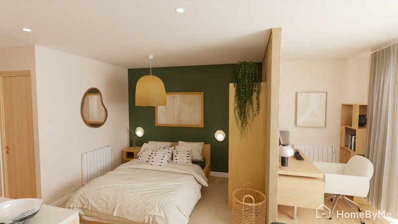 Vue sur l'espace chambre dans studio en location à Bruxelles avec inspiration japandi