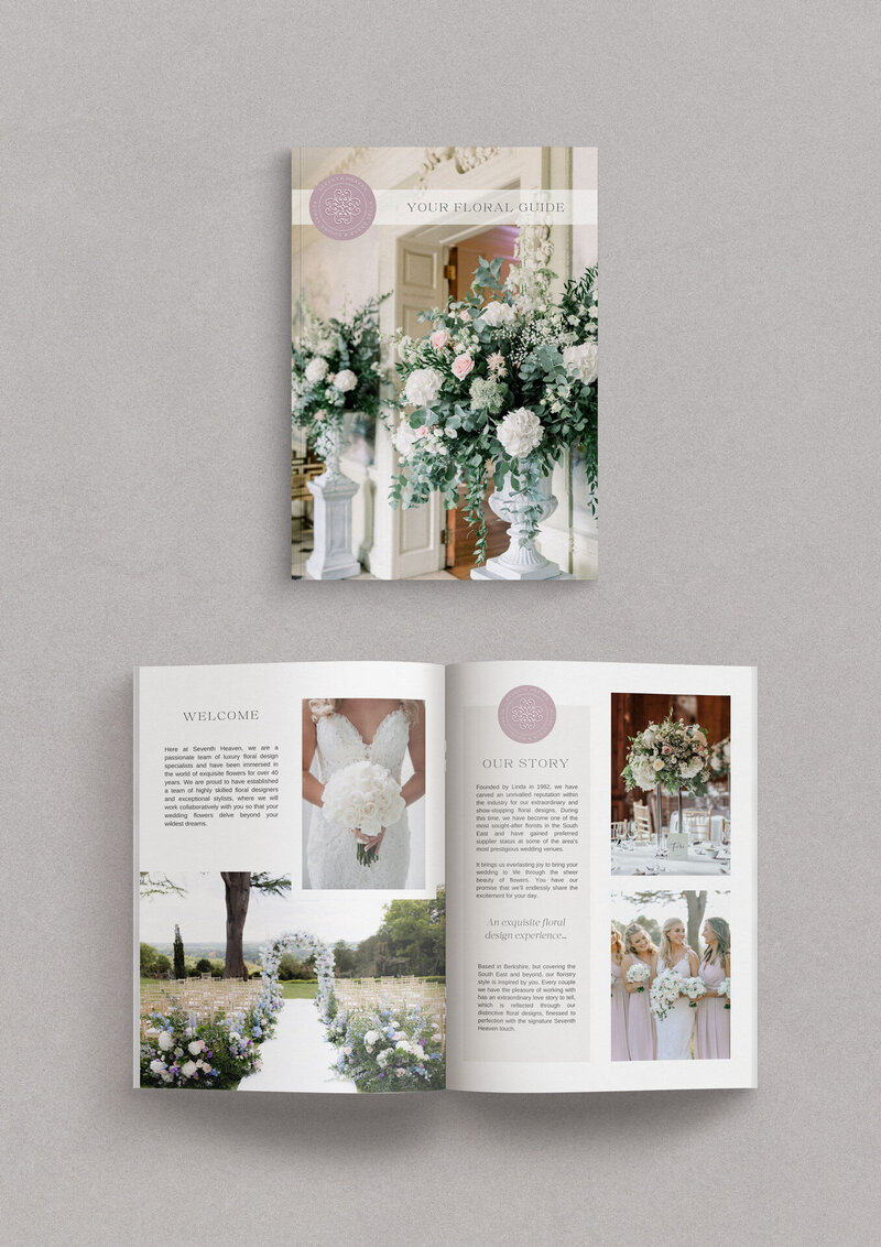Brochure design mockup featuring floral photography and brand styling for Seventh Heaven Events