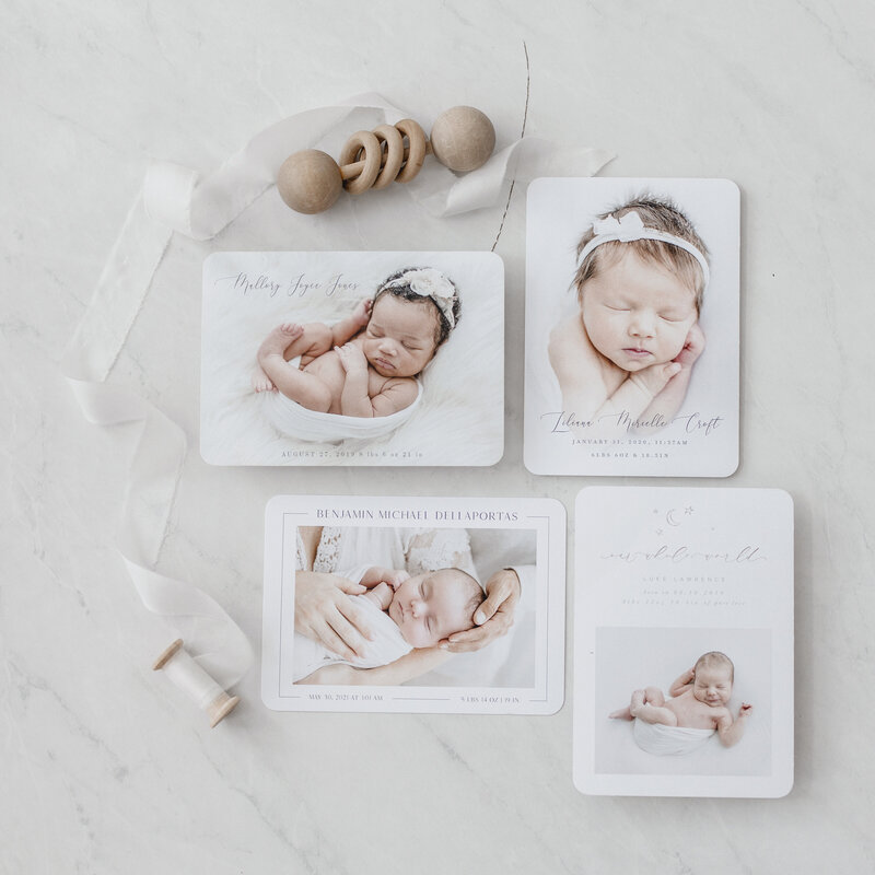 set of four birth annoucement with wooden baby toy