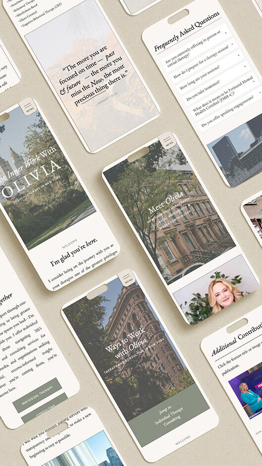 A collection of mobile devices displaying various types of web page designs about psychotherapy.
