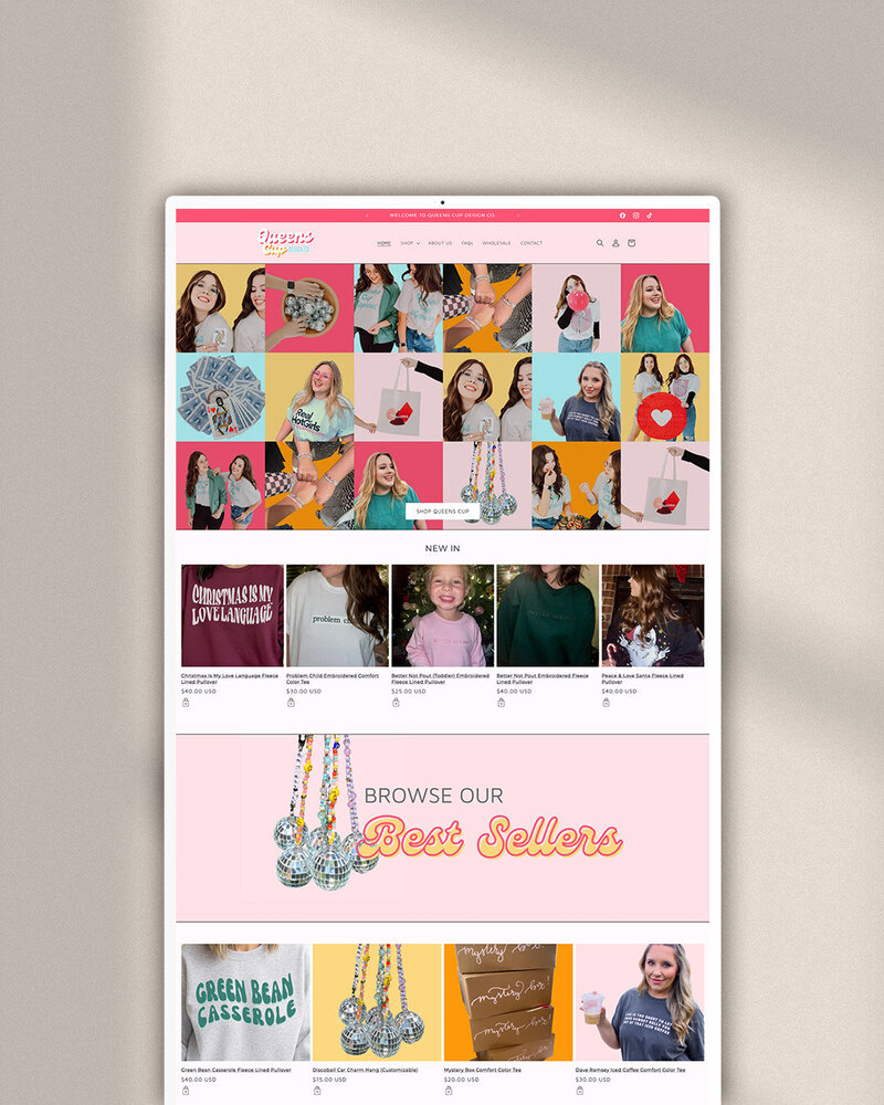 The home page of Queens Cup Design Co. with a collage of their products, their new products, all featuring a bright color palette.