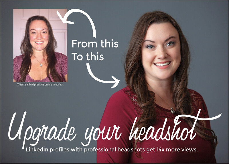 Side-by-side comparison showing an informal photo of a woman on the left labeled "From this" and a professional headshot on the right labeled "To this". Text below reads, "Upgrade your headshot with our professional photography studio," highlighting increased LinkedIn profile views.