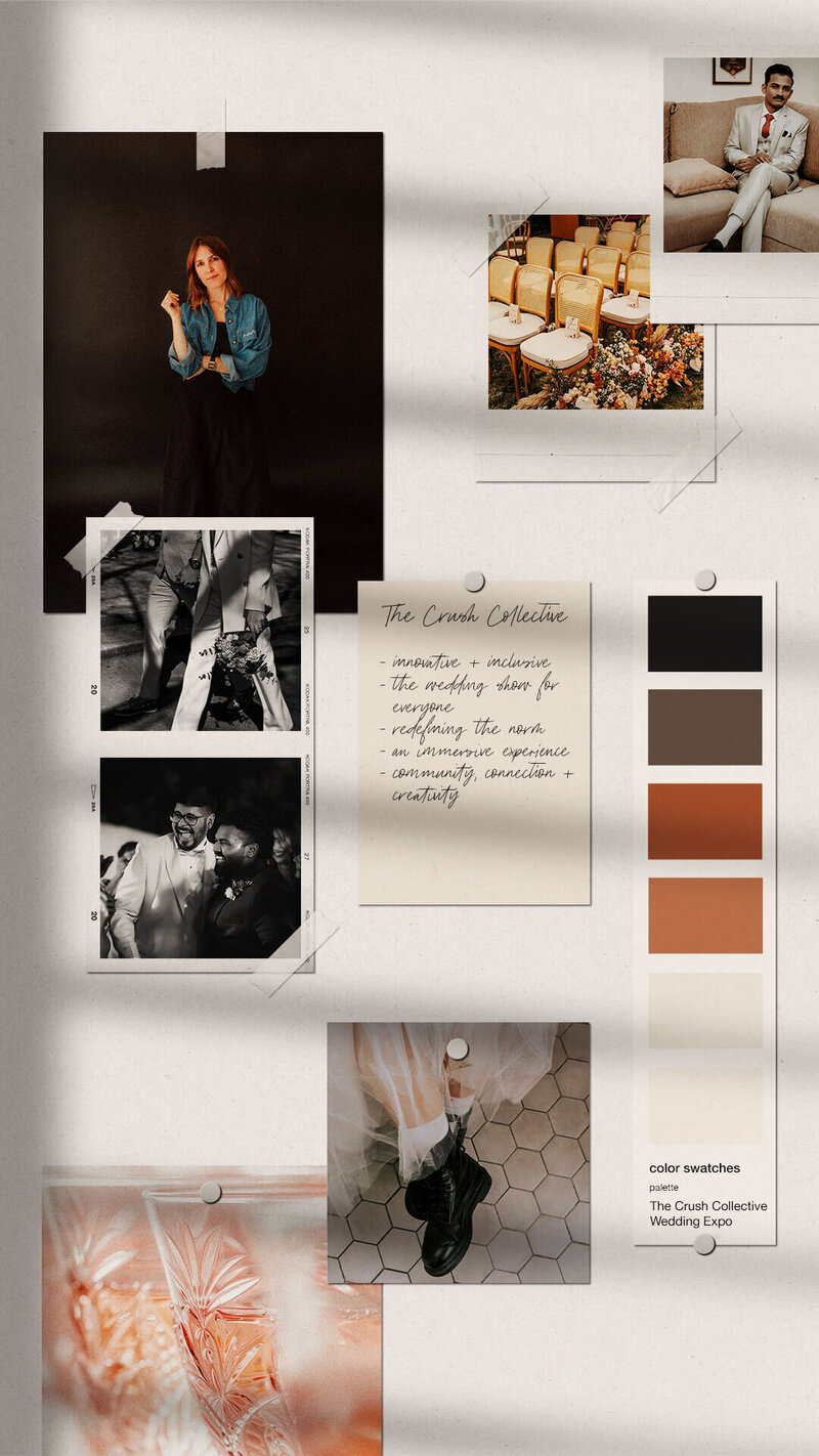 A moodboard with images, color palette, and writing, representing a custom showit website design for The Crush Collective.