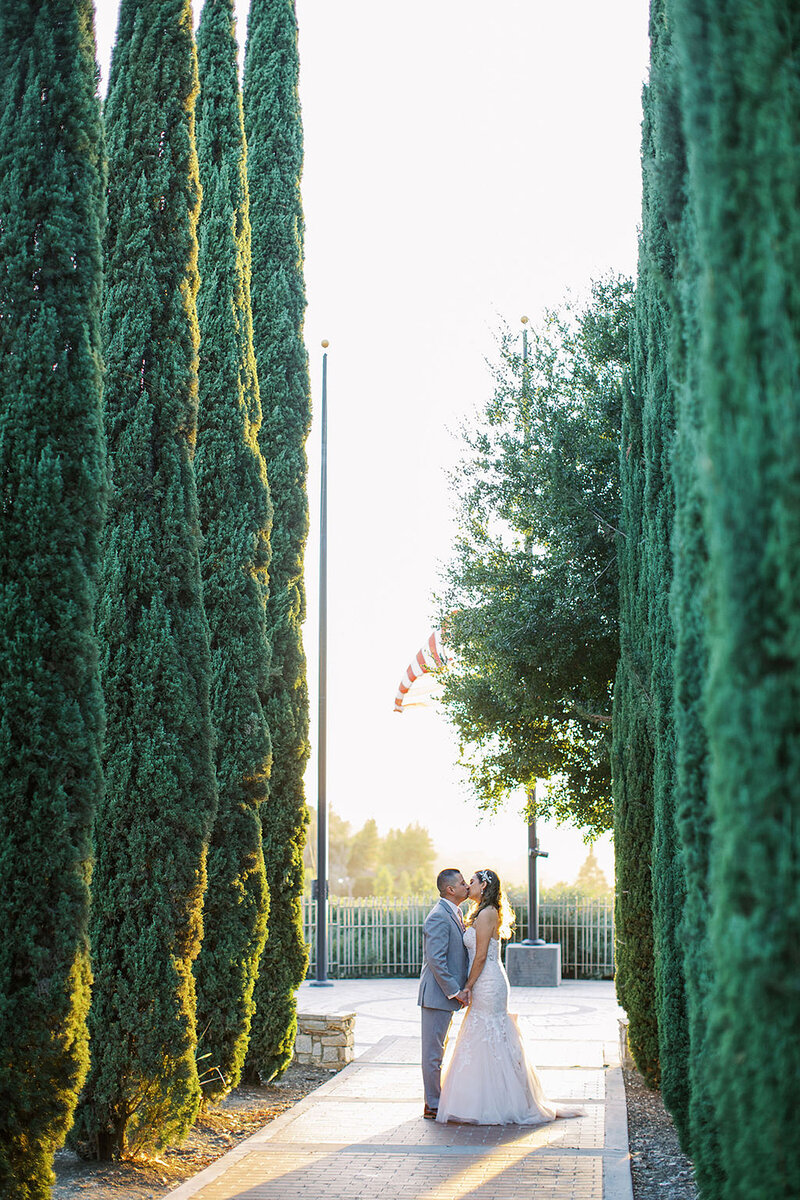 19-radiant-love-events-bride-groom-kissing-in-distance-centered-between-very-tall-thin-green-bushes-romantic-elegant-timeless