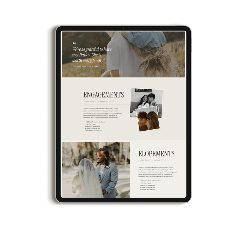 Showit Photographer Template Services Page