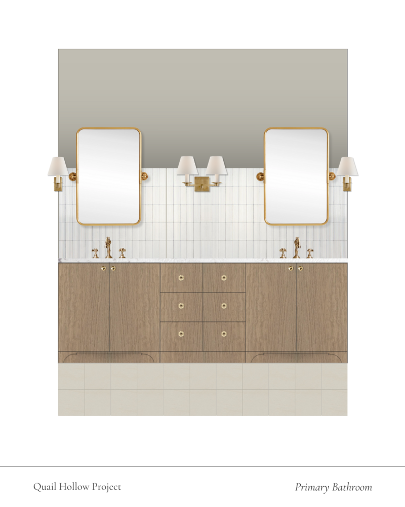 Rendering of a traditional bathroom with tile accent wall and warm wood tones by Sister Studio