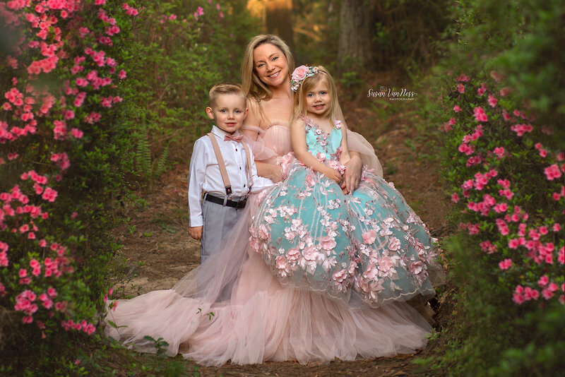 Mother and children enjoying the azaleas with Susan VanNess Photography