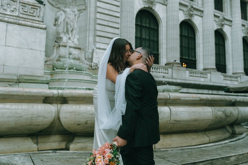 bride and groom kissing after NYLP elopement outside shot by Elsie Goodman Photography | NYC Elopement Packages