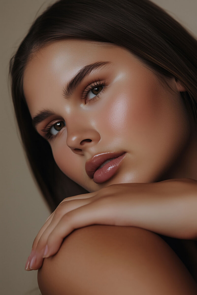 Closeup image of a woman wearing natural makeup