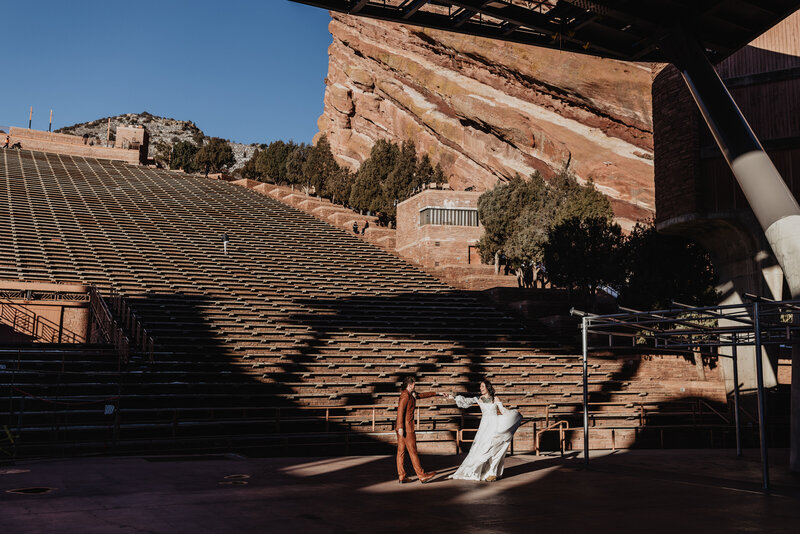 First dance on the Red Rocks Amphitheater stage for Colorado Elopement