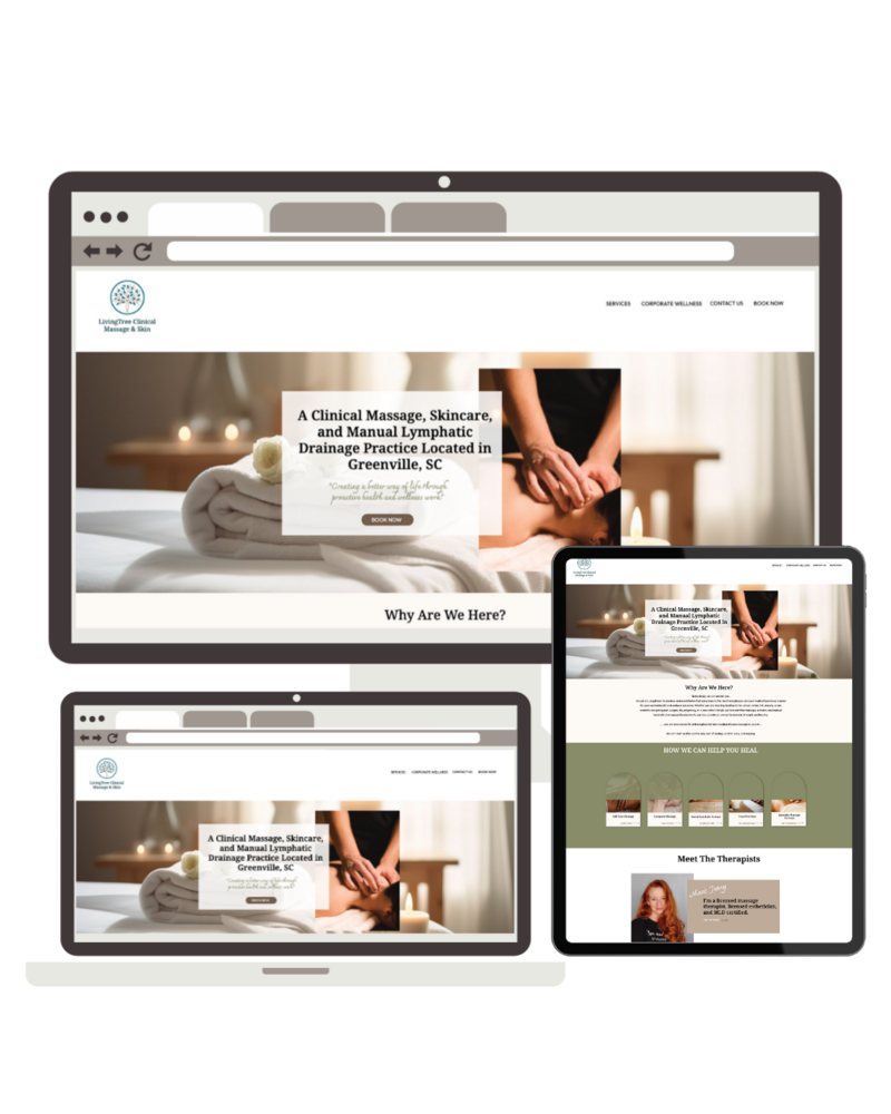 Responsive website mockup for LivingTree Clinical Massage & Skin on desktop and tablet view. 