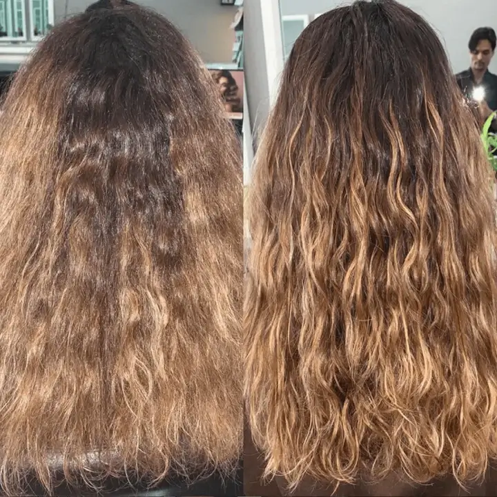 before and after of pura luxe smoothing system on curly haired client to combat frizz