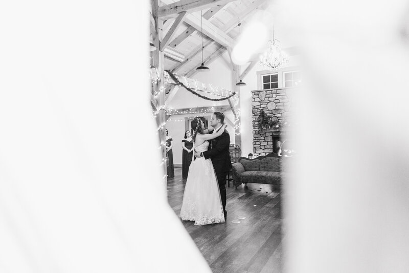 Black and white wedding photo at an indoor reception in Richmond, VA