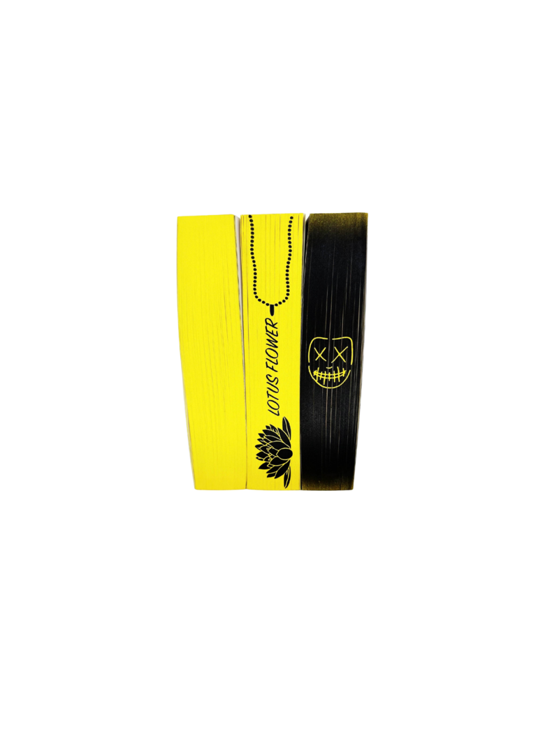 Custom sprayed-edge design for God of Fury by Rina Kent from Sprayed Your Pages, featuring a striking black-and-yellow gradient with twin mask symbols across the page edges.