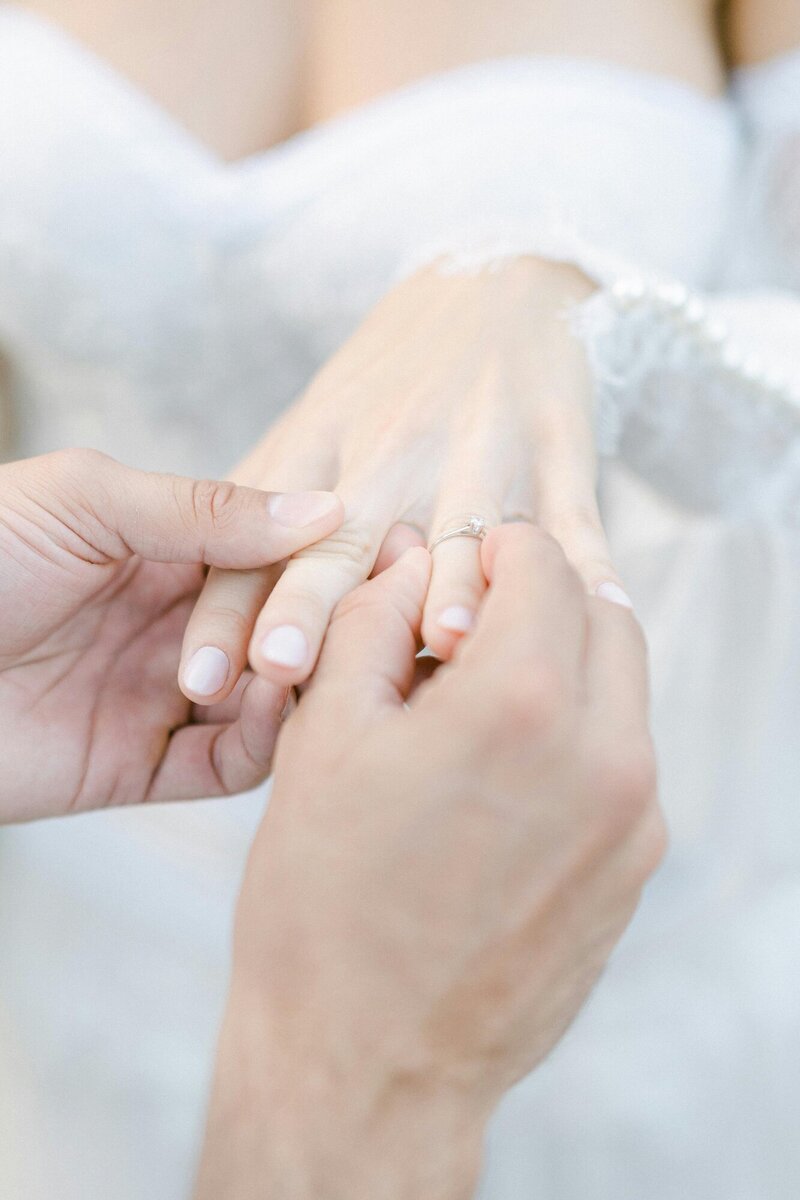 Man placing wedding ring on woman's finger