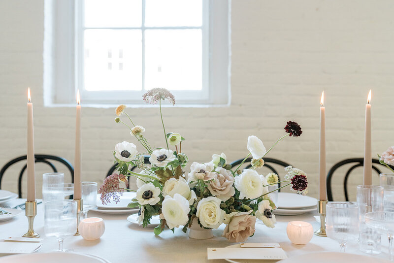 Neutral white, cream, tan compote centerpiece for wedding with anemones