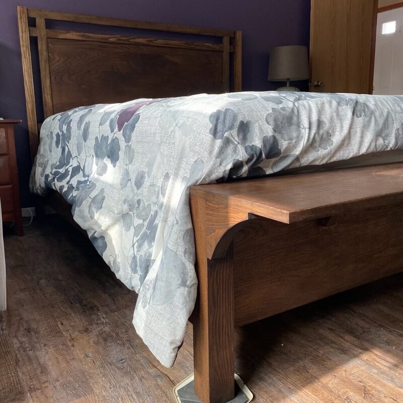 Queen-sized bedframe created by Bearded Moose Woodworking in Michigan