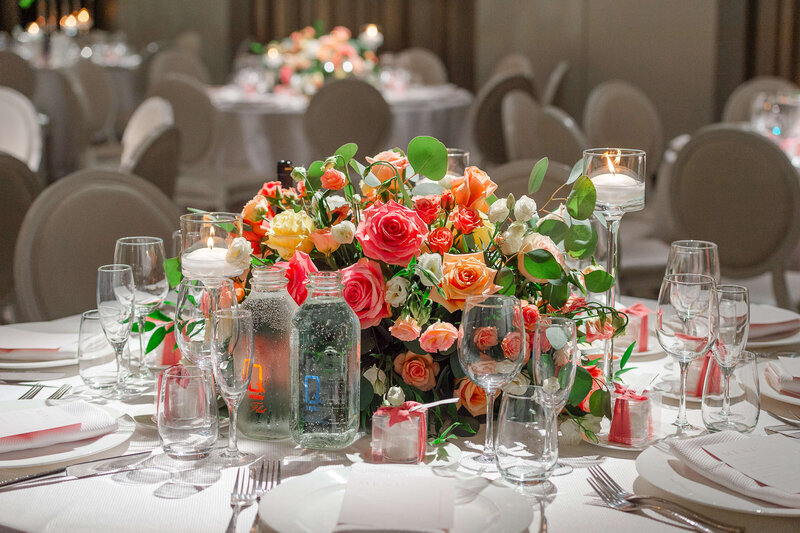 Ottawa wedding photography showing colourful Chateau Le Parc table centrepieces