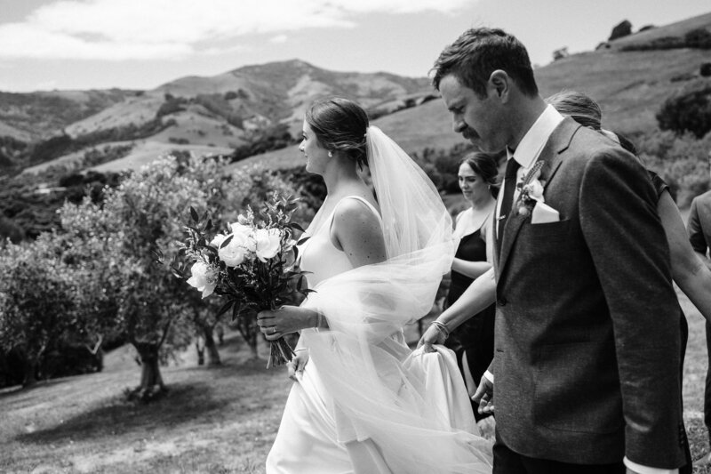 black and white candid photo of bride walking through akaroa olive grove