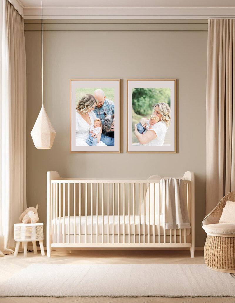 mockup photo of a nursery with two large wall portraits over the crib showcasing newborn photos taken by an Austin Newborn Photographer.