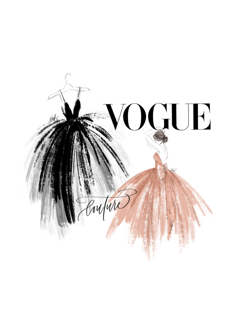 Fashion sketch of two couture dresses.