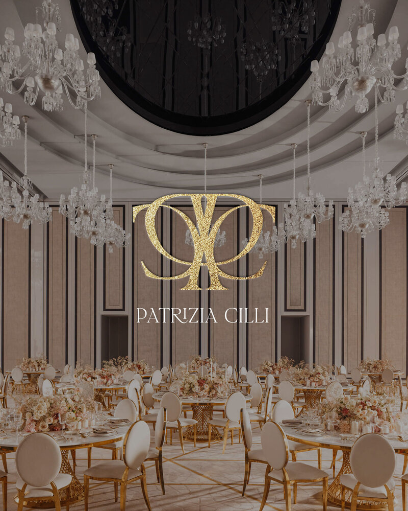 Grand event backdrop with gold Patrizia Cilli monogram featured in the rebrand