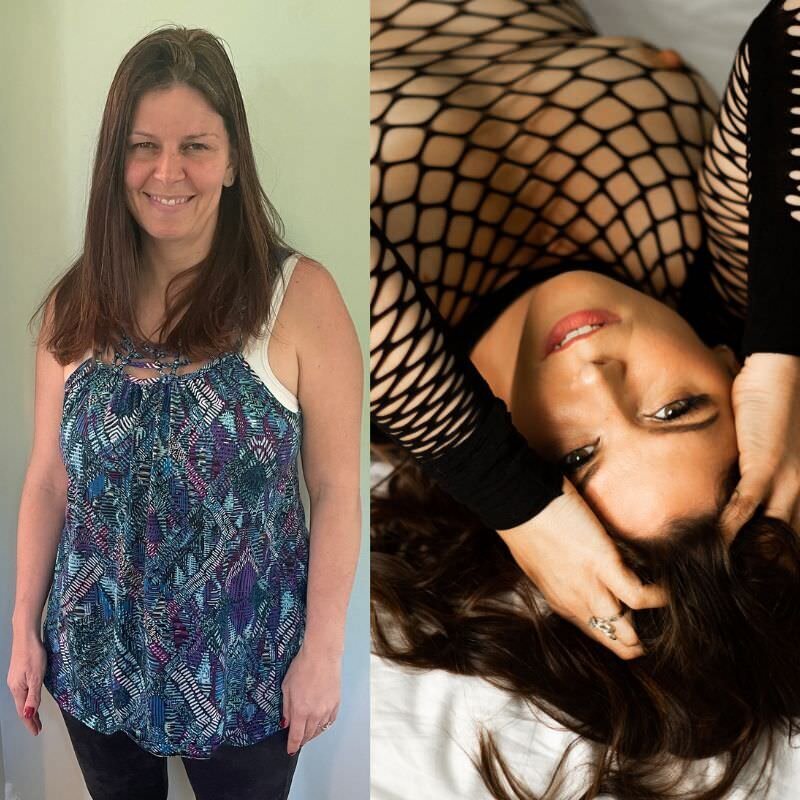 Before & after image of a brunette female in her 40s getting her boudoir image taken