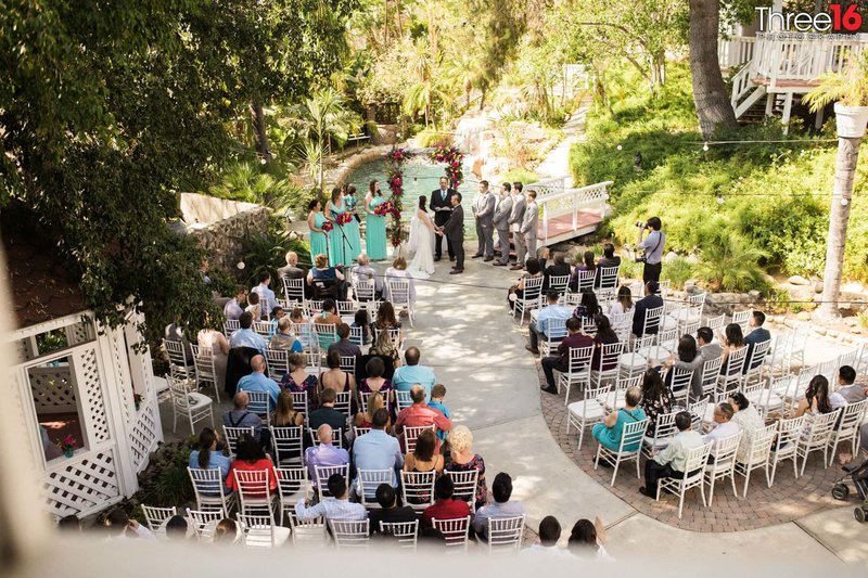 Aerial view of a wedding ceremony at the Jones Victorian Estate in Orange, CA
