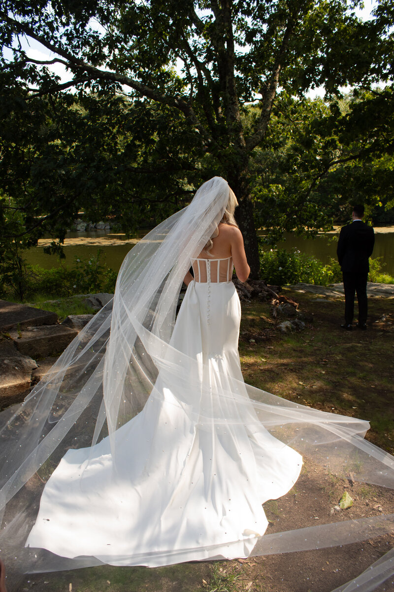Bride Walking Up To Groom for First Look at Perona Farms