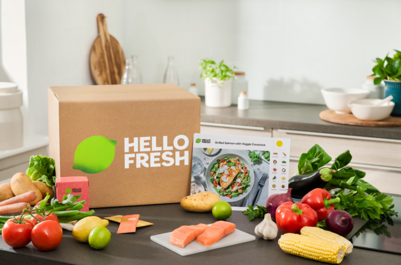 HelloFresh box and recipe contents set out on a countertop