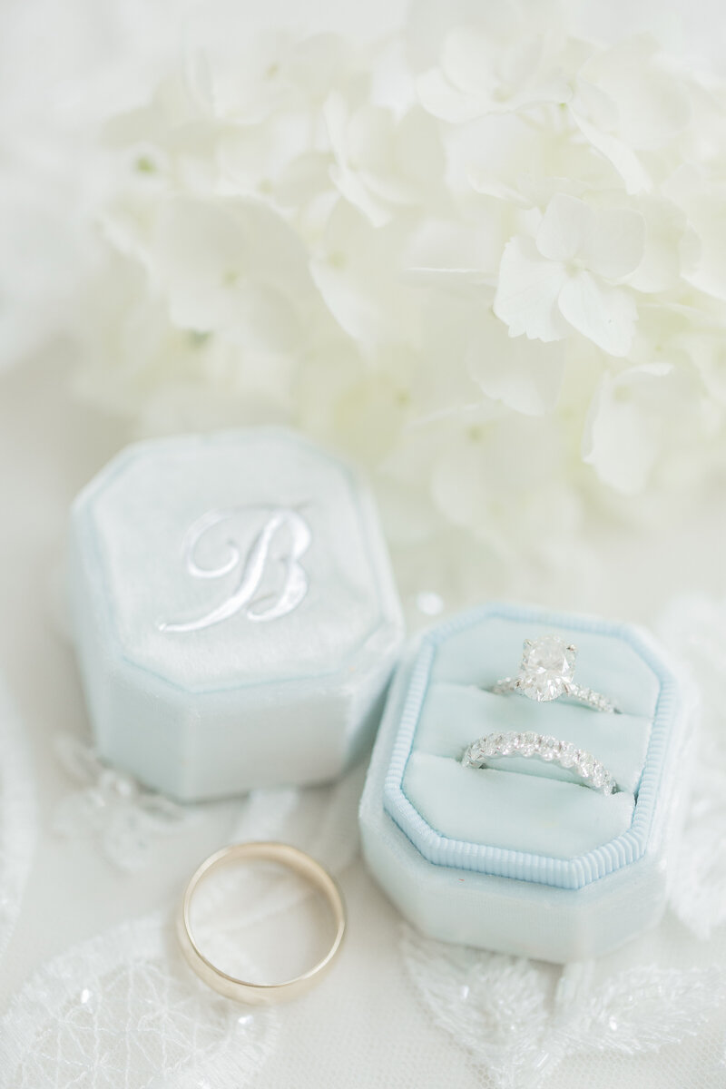 wedding day details shots, rings in box on invitation