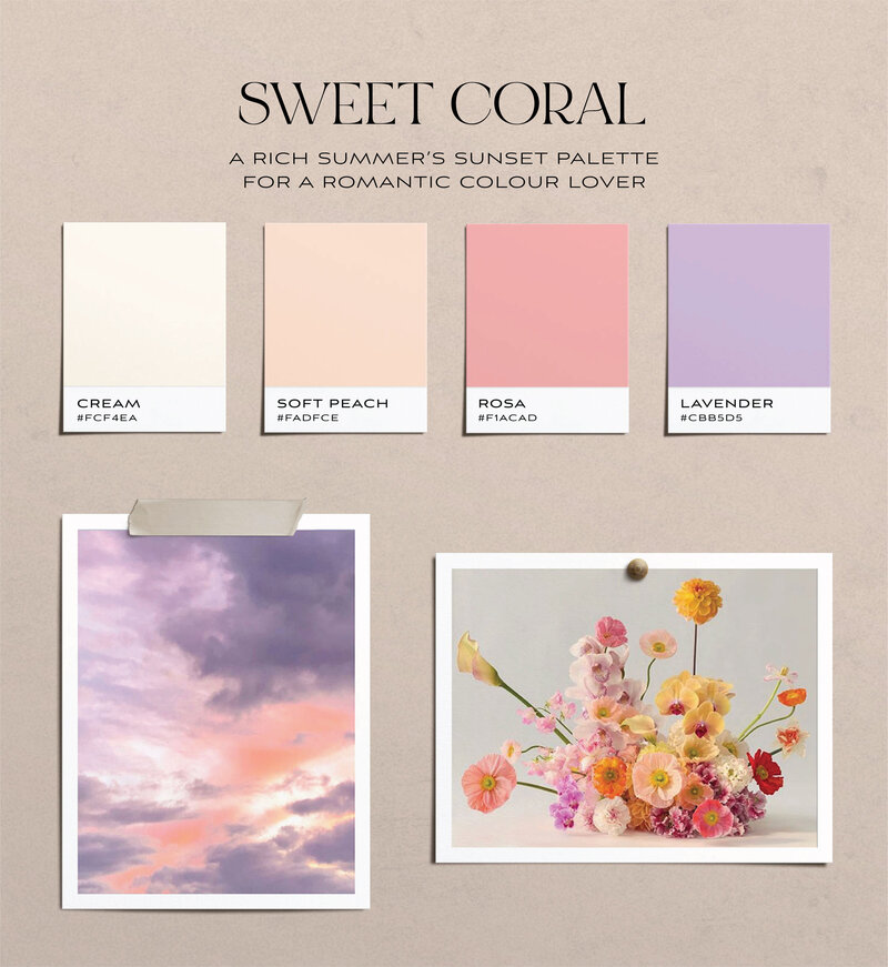 Moodboard of rosa, peach and lavender and beige tones to inspire you for your wedding