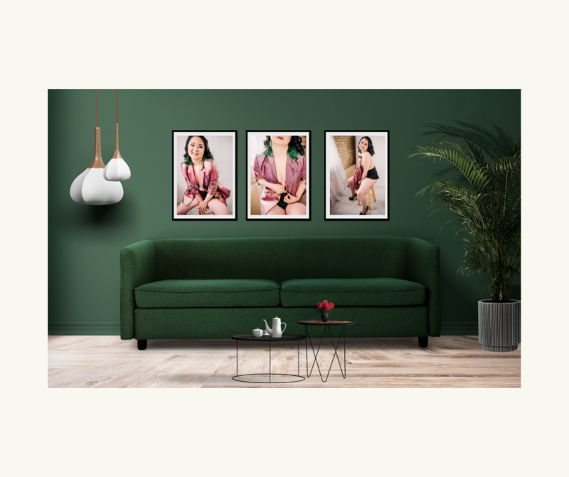 green wall with three images of a woman in a pink suit  jacket posing for a boudoir session in Minneapolis Mn