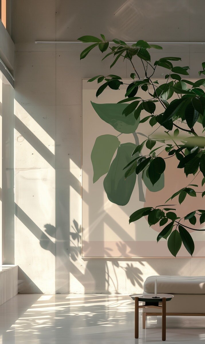 sun rays falling into a room with a houseplant