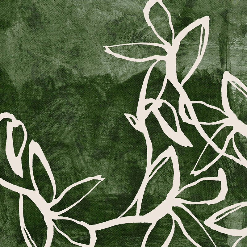 Dark Green Square Painting with a lot of texture and off white botanical  vines