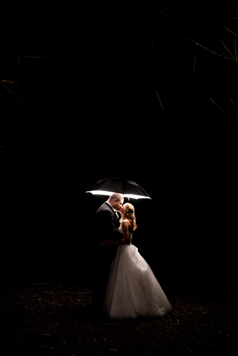 Bride and groom with umbrella