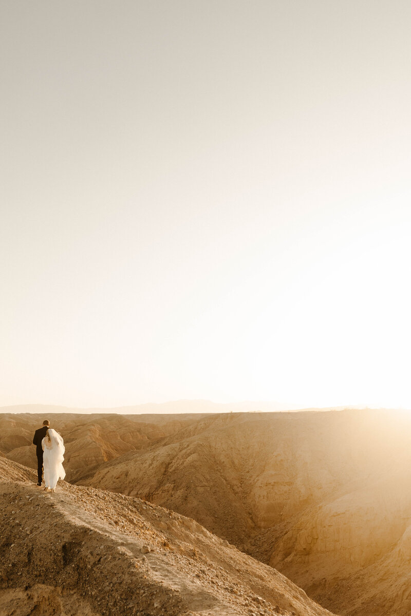 bride and groom walking through the desert at sunset