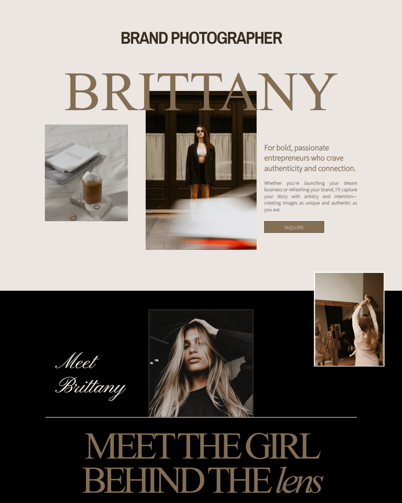 Brittany Showit website template for personal brand and lifestyle photographers featuring a bold, modern layout—perfect for showcasing unique portfolios and services.