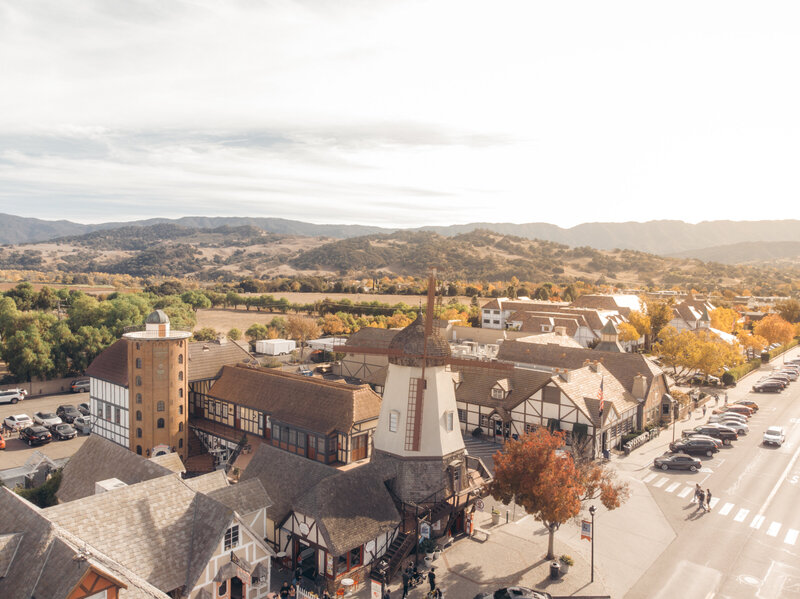 Overhead image of Solvang's downtown