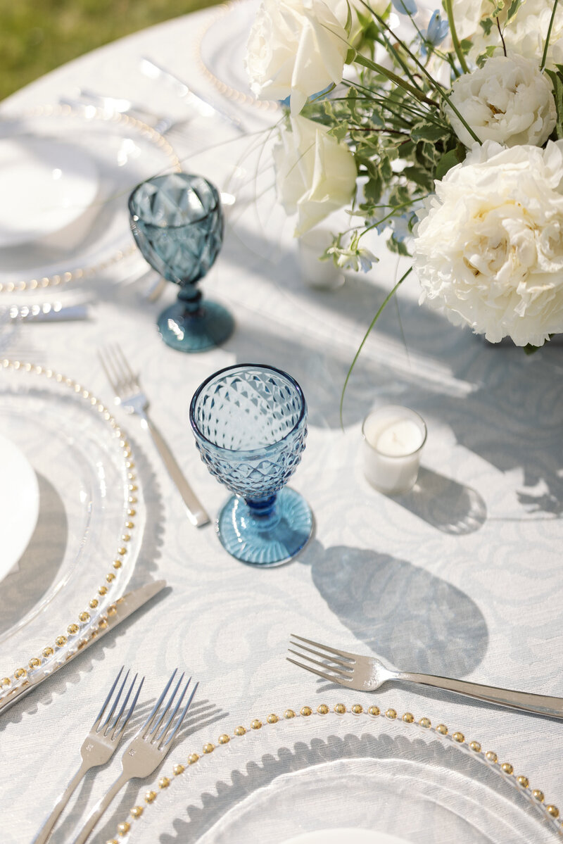 Blue patterned table linens with blue glassware-1