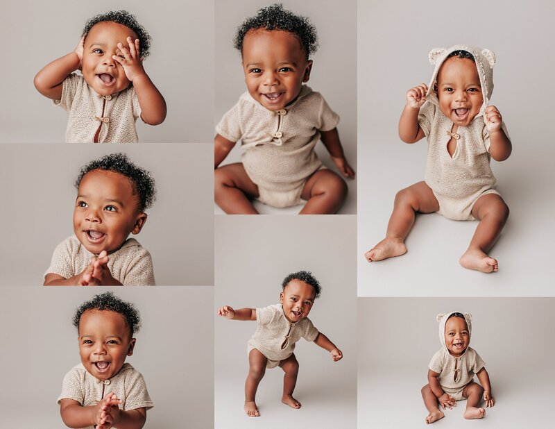 Baby mid-squeal with excitement and joy during playful one-year milestone shoot