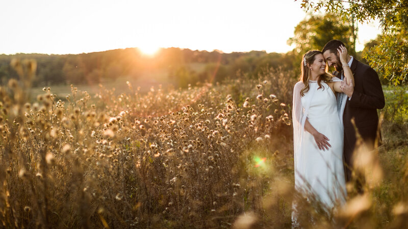 Bride and groom basking in the golden hour light at Valley Forge Park after their elopement ceremony.