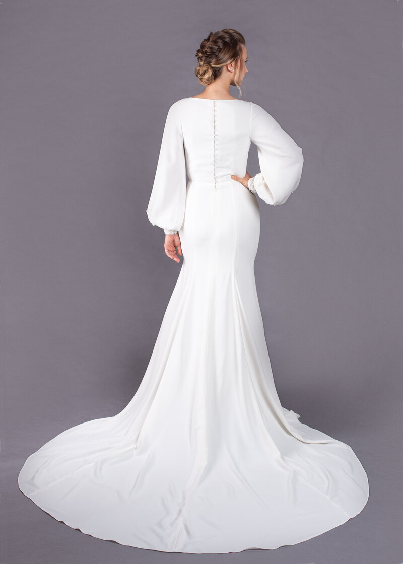 High back wedding dress with pearl buttons - flowy fit and flare