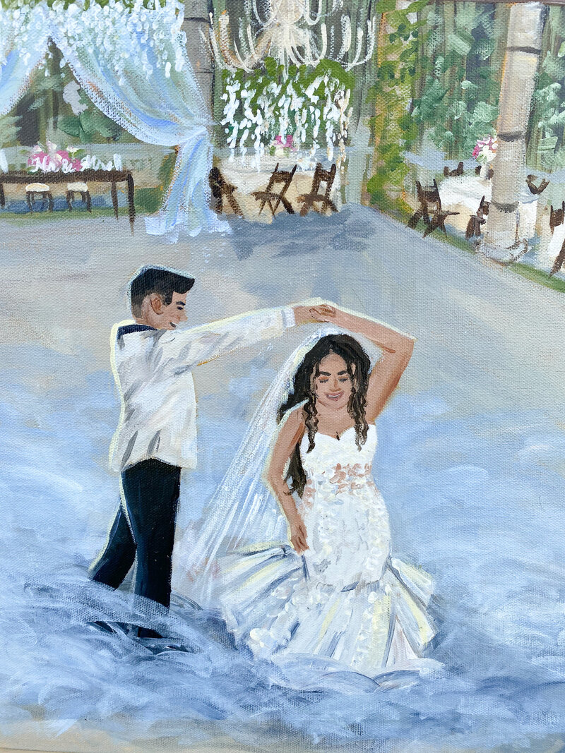 Painting capturing the first dance of a happy Latin American couple on their wedding day