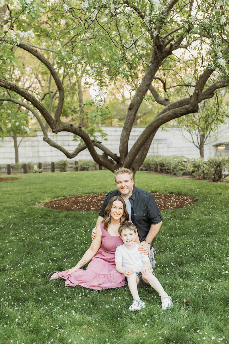 family of three sitting on the grass in front of a tree smiling for photos at the harrisburg capitol complex